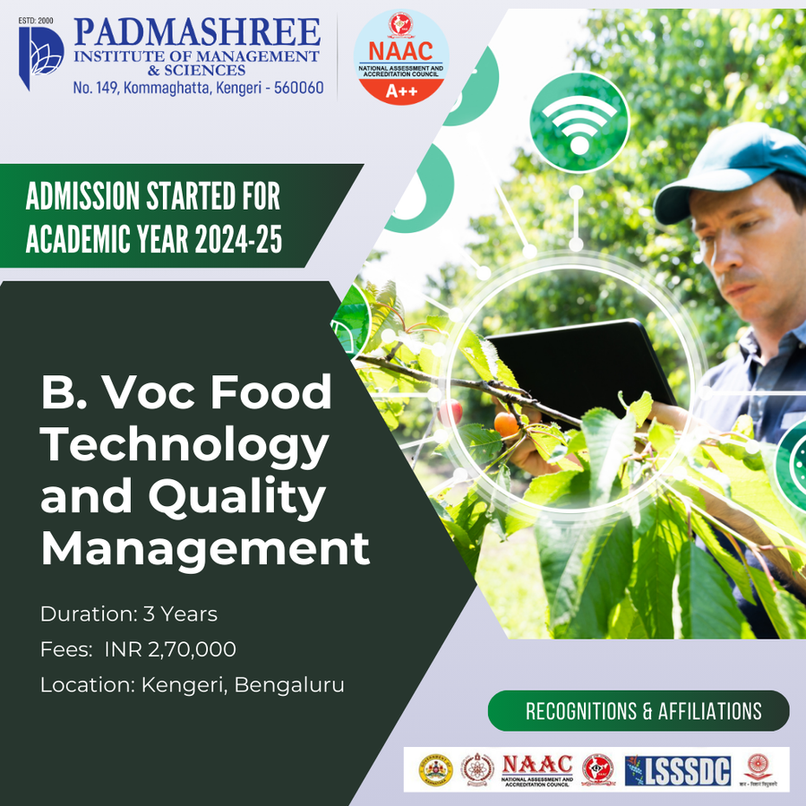 Admission Open for B.Voc Food Technology at Padmashree Institute of Management and Sciences , Bengaluru/Bangalore