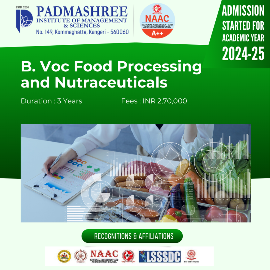 Admission Open for B.Voc Nutraceuticals at Padmashree Institute of Management and Sciences , Bengaluru/Bangalore