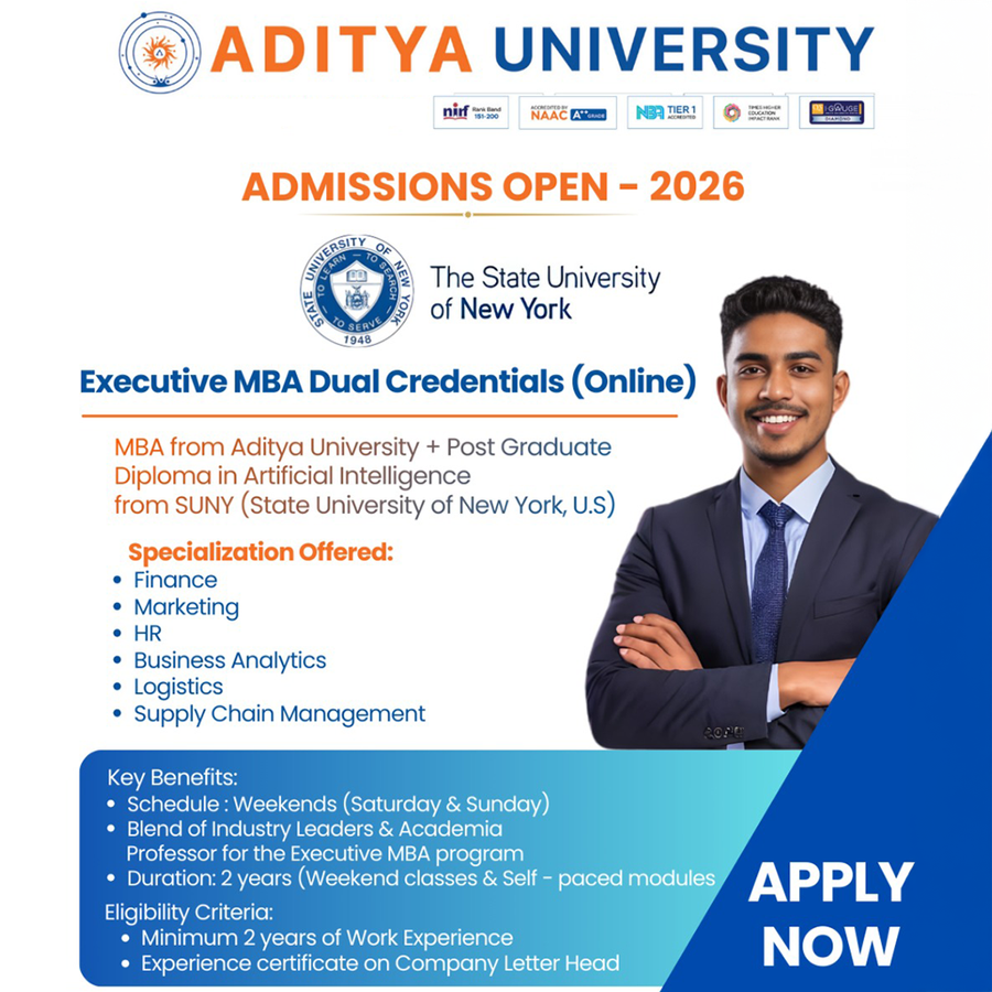Executive MBA (Dual Degree with PG Diploma in AI from SUNY, USA) at Aditya University, Kakinada