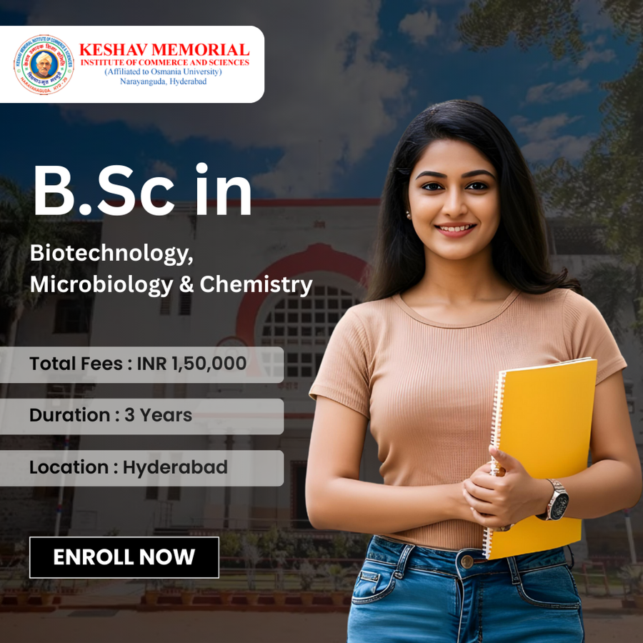 B.Sc in Biotechnology, Microbiology & Chemistry at Keshav Memorial Institute of Commerce and Sciences, Hyderabad