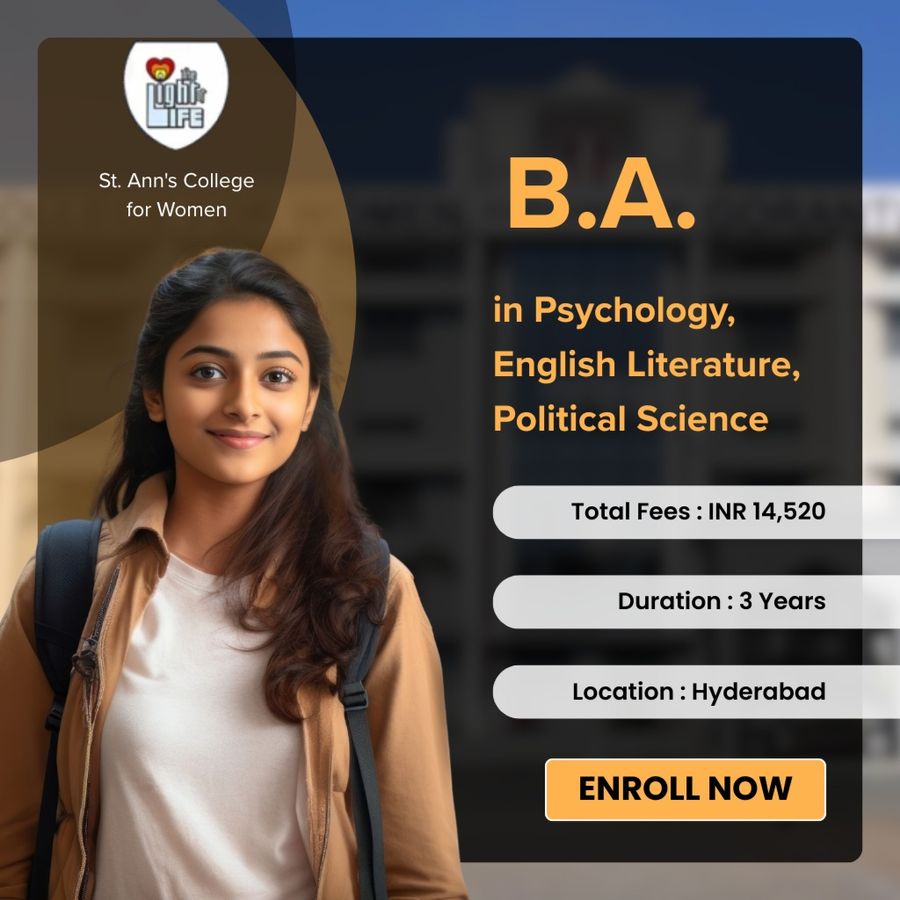 B.A. in Psychology, English Lit., Pol. Science at St. Ann's College for Women, Hyderabad